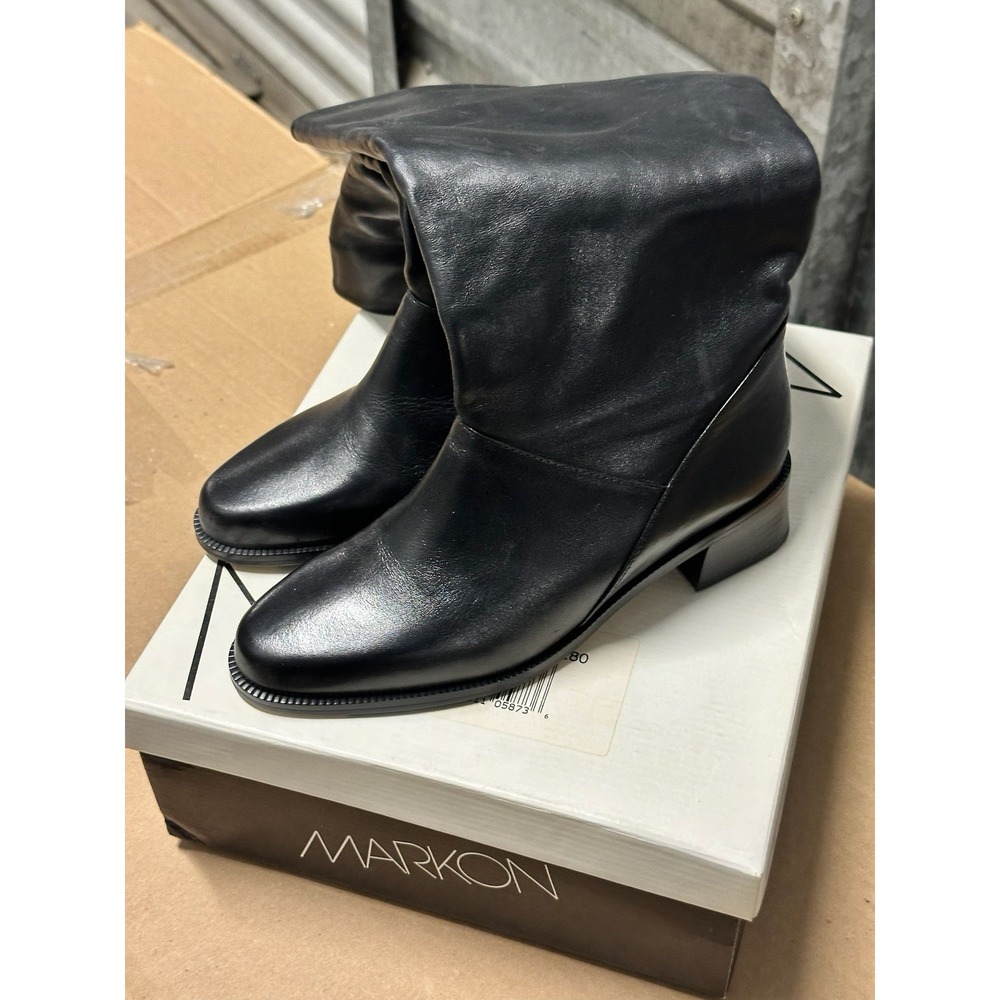 Markon Women's Black‎ Leather Ankle Boots Size 6 Slouch Low Heel